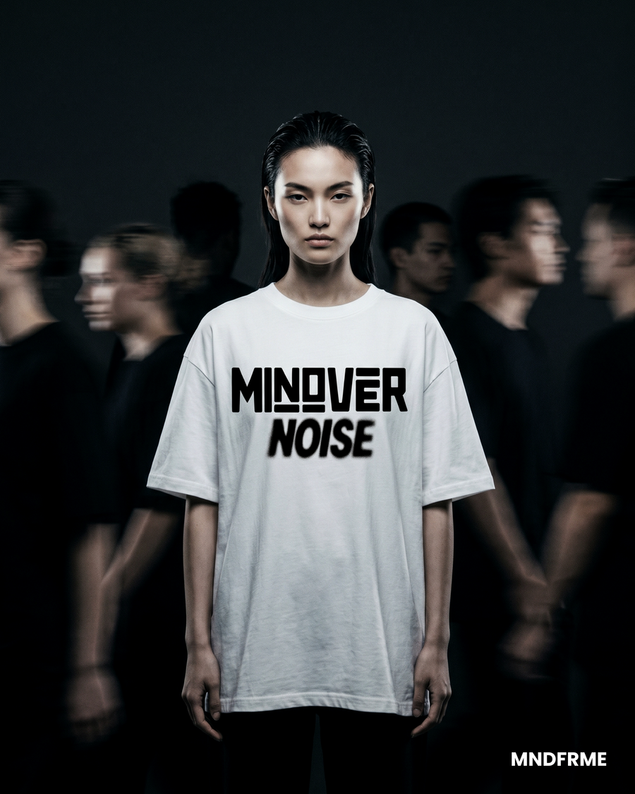 [White] Mind Over Noise tee hero image - MNDFRME