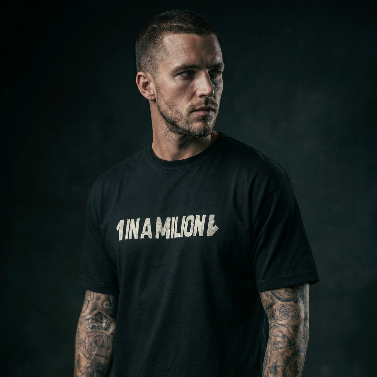[Black] 1 in a Million tee design close-up — Mndfrme