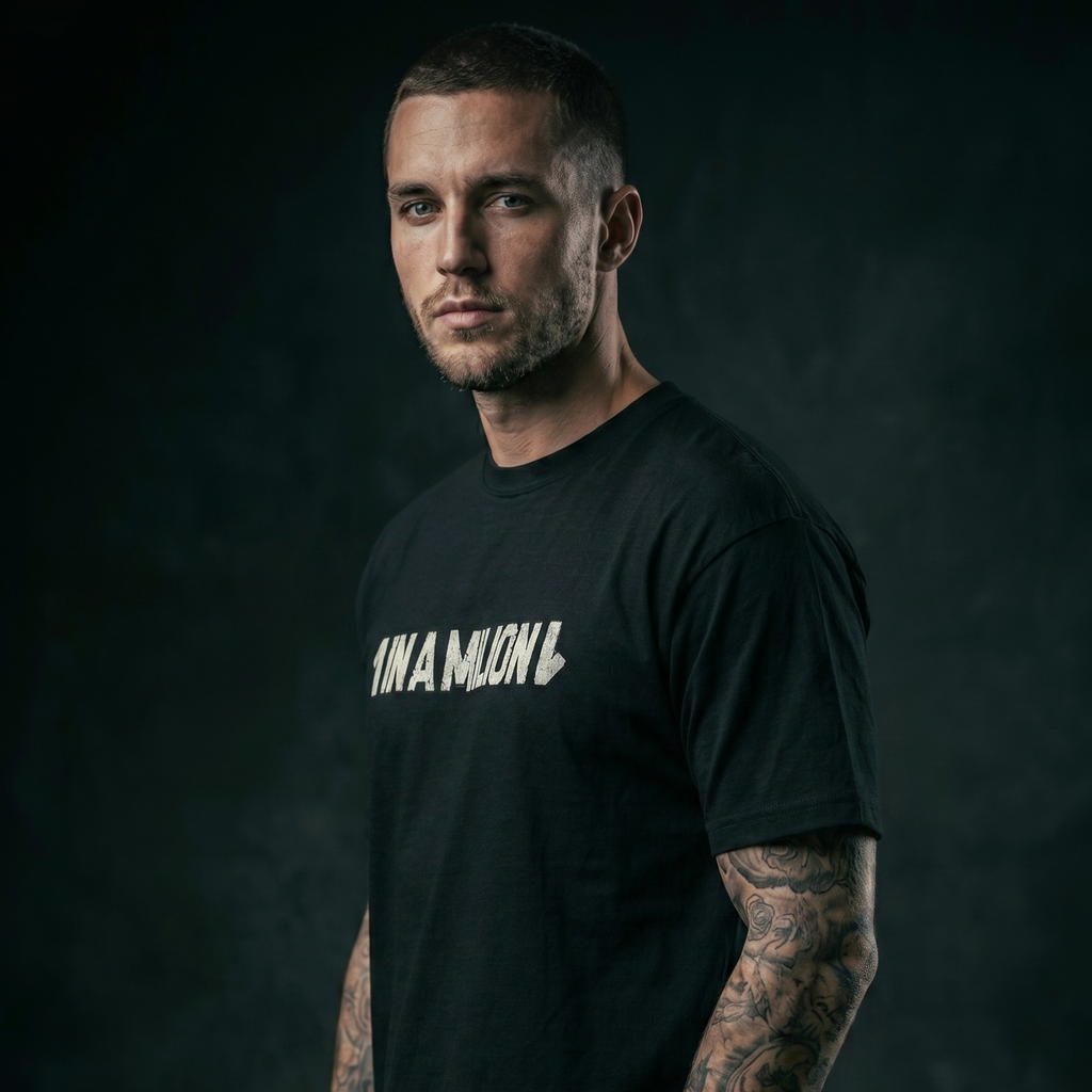 [Black] 1 in a Million tee front view — Mndfrme