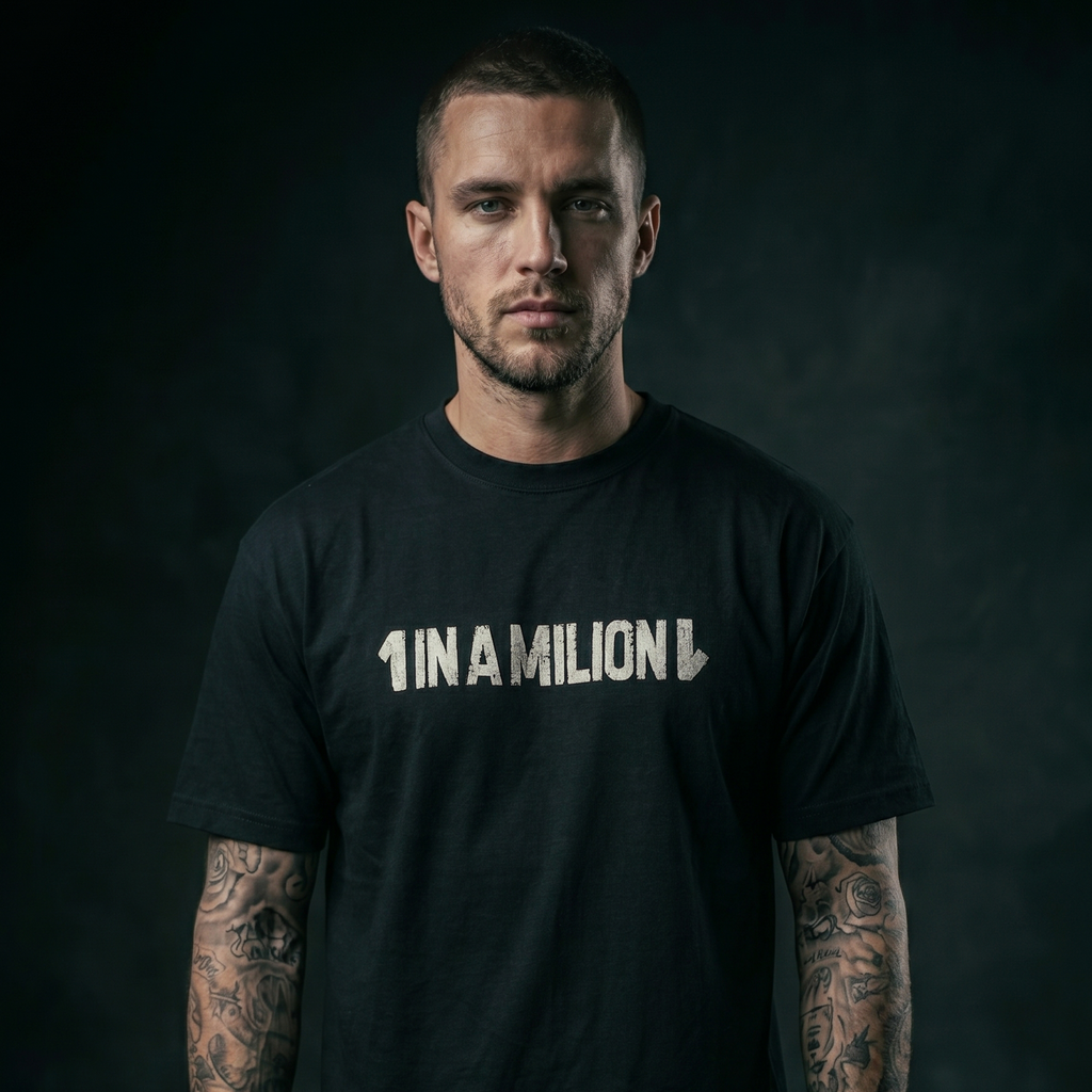 [Black] 1 in a Million tee studio view — Mndfrme