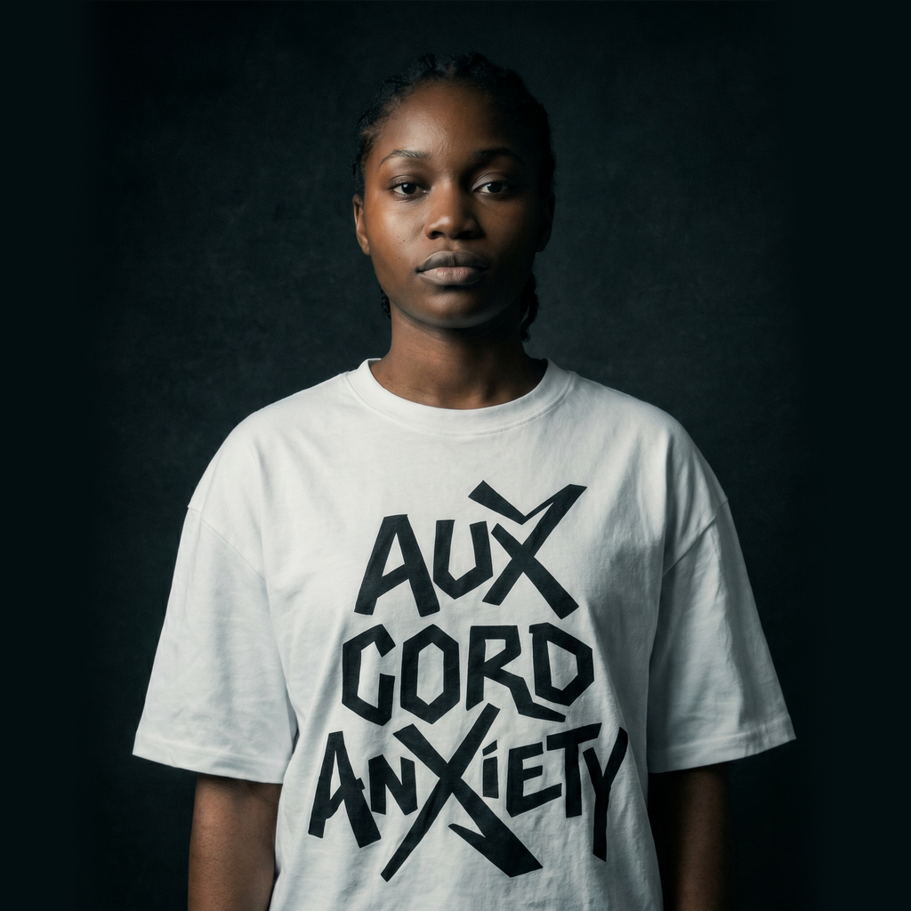 [White] Aux Cord Anxiety tee front view — Mndfrme