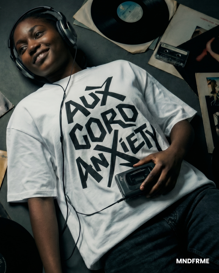 [White] Aux Cord Anxiety white graphic tee — Mndfrme limited drop