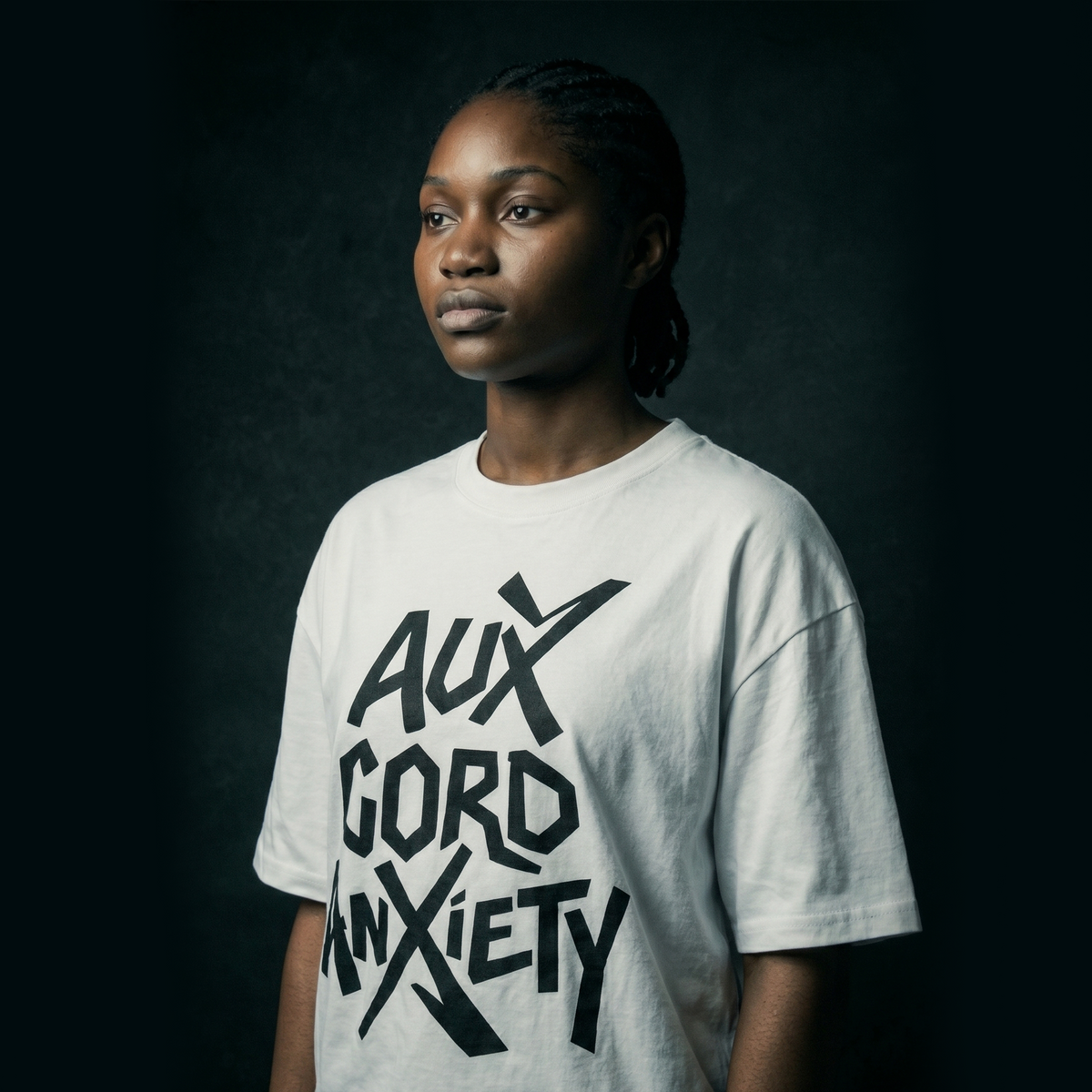 [White] Aux Cord Anxiety tee side view — Mndfrme