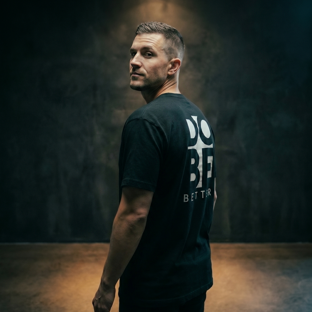 [Black] Do Be Better tee side view — Mndfrme