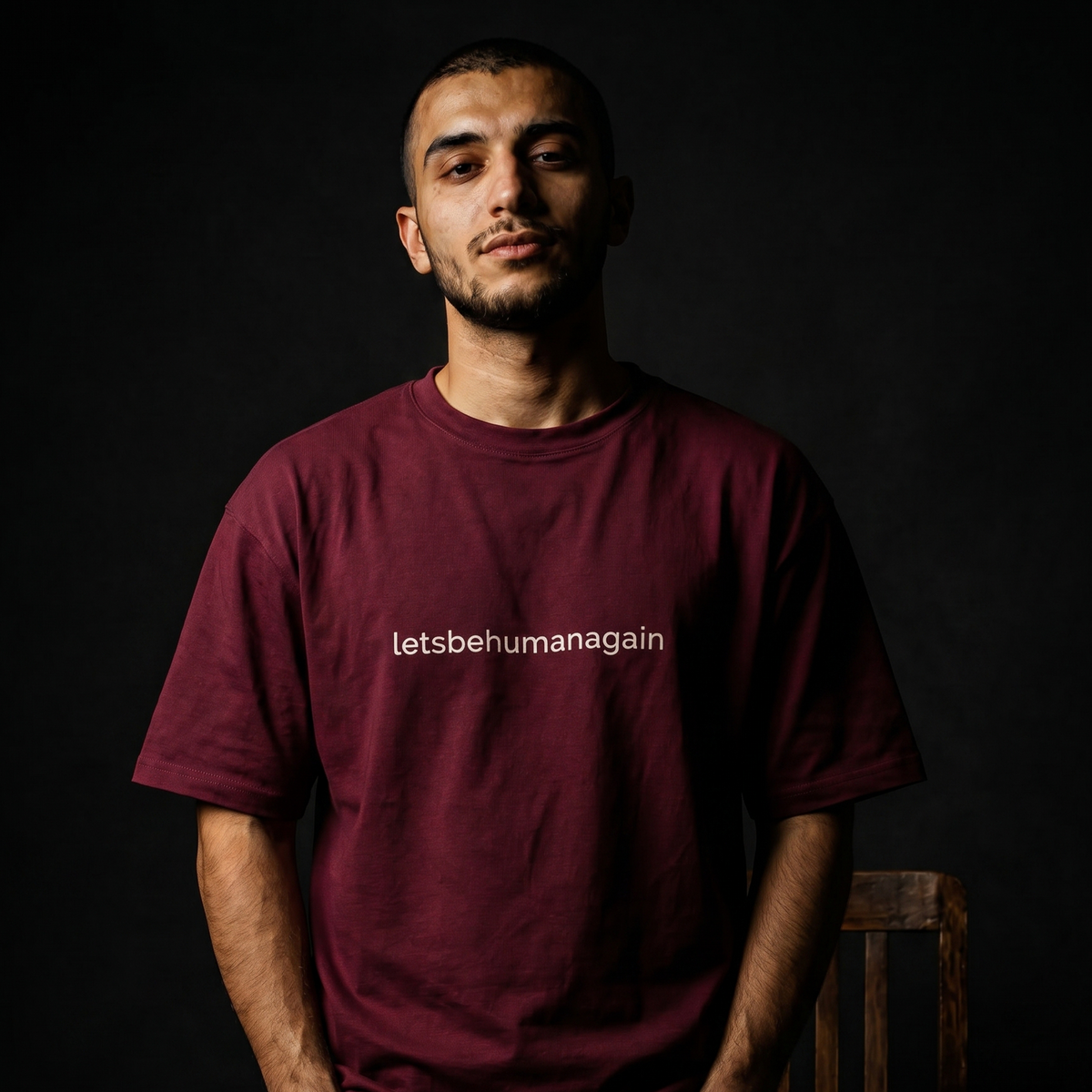 [Maroon] letsbehumanagain tee front view — Mndfrme