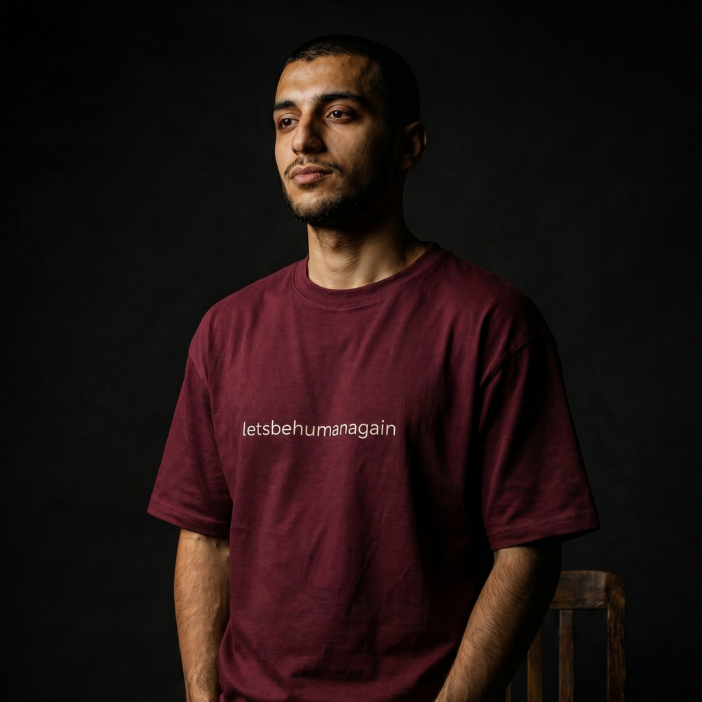 [Maroon] letsbehumanagain tee side view — Mndfrme