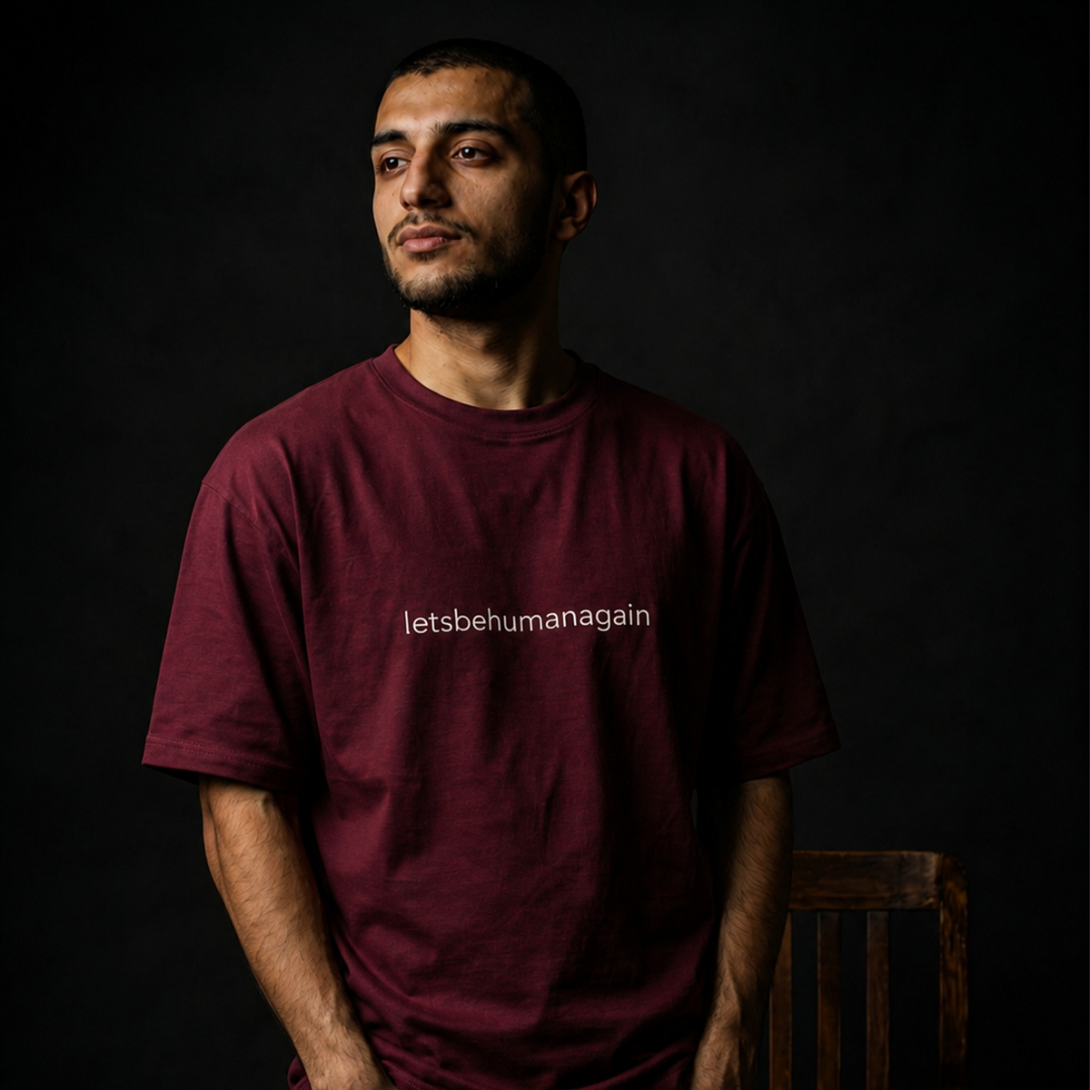 [Maroon] letsbehumanagain tee three-quarter view — Mndfrme