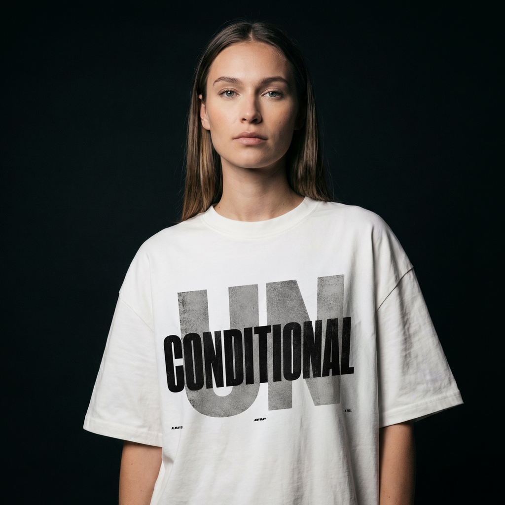 [White] Unconditional Conditional tee front view — Mndfrme