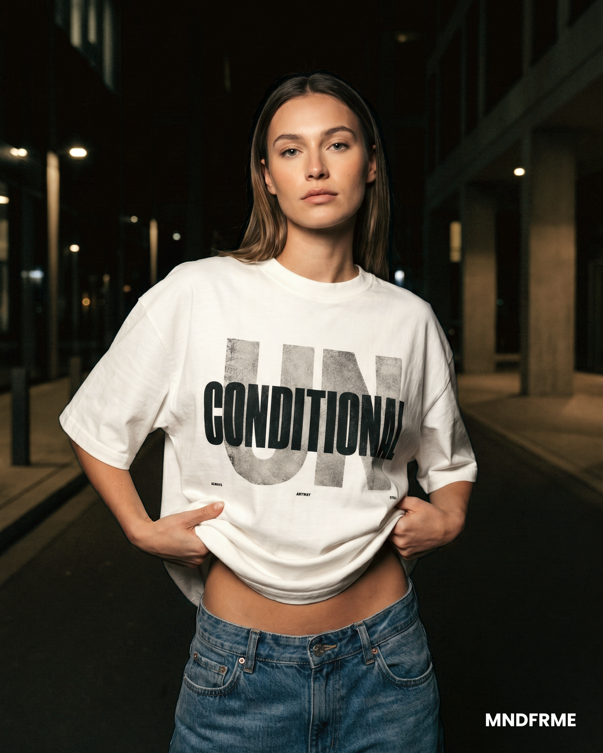 [White] Unconditional Conditional white graphic tee — Mndfrme limited drop